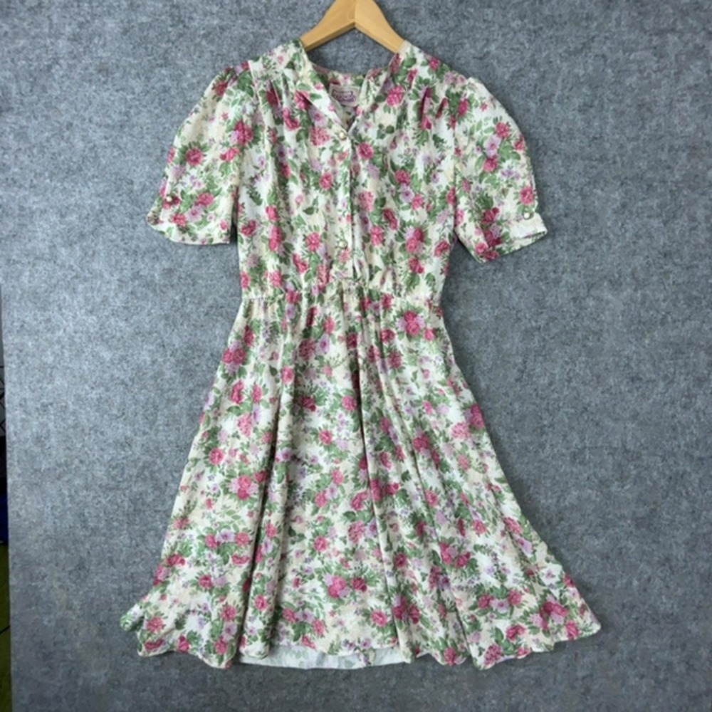 California Looks Picnic Dress Womens S Pink Floral 80s Vintage Cottagecore Midi